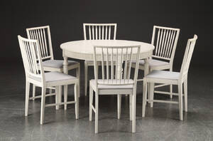 Rundt bord med plader samt 6 stole med tremmeryg, Gustaviansk stil 10