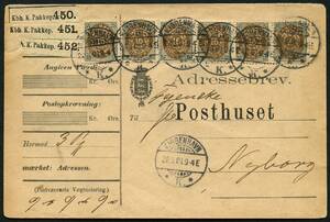AFA 27B 1895. Tofarvet, 16 Øre, gråbrun par og 4-stribe på Adressebrev for 3 pakker sendt fra KJØBENHAVN 28.3.1901 til Fredericia