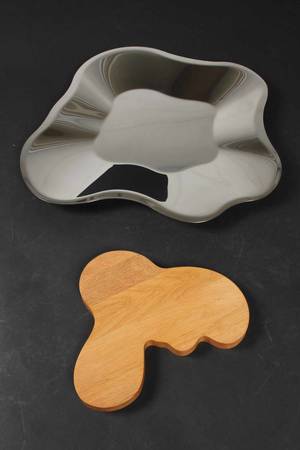 Iittala  Alvar Alto bowle i stål og serveringsfad i egetræ 2