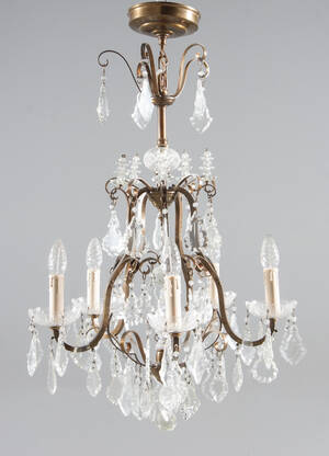 Takkrona med prismor, fem ljusarmar, 1900-tal.