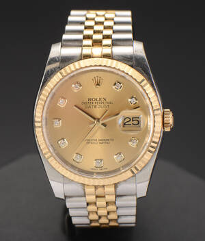 Rolex Datejust, herrearmbåndsur af guld og stål med diamanter