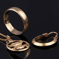 Halskæde med stjenetegn, en ring og en ørering i guld.