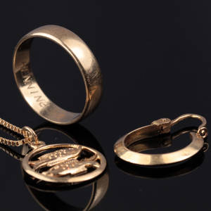 Halskæde med stjenetegn, en ring og en ørering i guld.