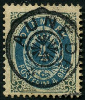AFA 23 1875. 4 Øre, gråblå, stemplet AUNEDE