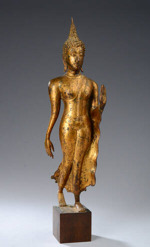Stående thaliandsk buddha af bronze, 18001900 tallet