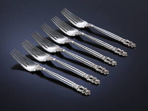 Georg Jensen. KongeAcorn, seks frokostgafler af sterlingsølv. 6 