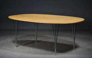 Piet Hein  Bruno Mathsson. Ellipsebord, omfineret plade med birkefiner