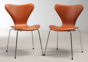 Sæt Arne Jacobsen, 7er stole, Cognacfarvet anilin læder 2