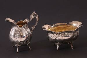Sockerskål och gräddkanna, silver, rokokostil, 1900-tal