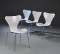 Arne Jacobsen. Sæt på fire stole model 3107, Syver-stole. 4 