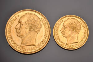 Danmark. 20 kroner guldmønt 1911 og 10 kroner guldmønt 1909
