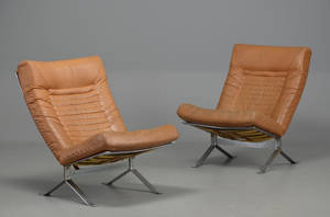 Par lænestole med brunt læder, stel af stål, 19601970 2