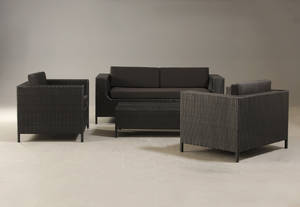 Havemøbler. Loungemøblement, sort polyrattan sorte hynder 4