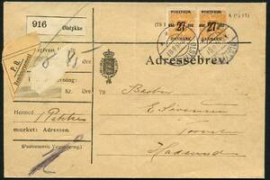 AFA 91 1918. Provisorium, 2729 Øre, orange par på Adressebrev for 1 pakke med opkrævning  sendt fra ØLSTYKKE 8.10.1918 til HADSUND 