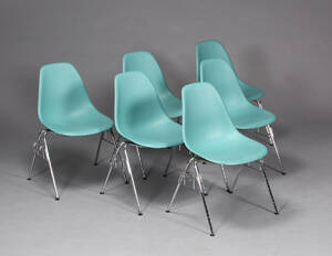 Charles Eames. Seks spisestole  stabelstole, model DSS 6 Denne vare er sat til omsalg under nyt varenummer 4894434