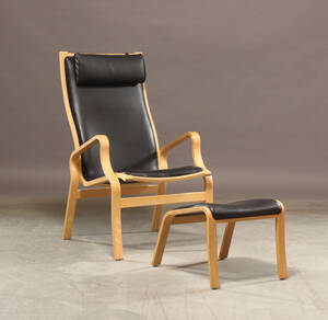 Lænestol med skammel, sort læder 2