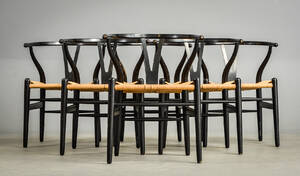 Hans J. Wegner - Seks sortlakerede Y-stole med lyst flet 6