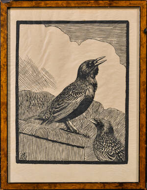 Johannes Larsen, træsnit på japanpapir, motiv med fugle