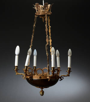 Lysekrone af forgyldt og patineret bronze, empirestil ca. 1910 