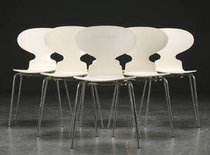 Arne Jacobsen. Sæt på seks stole, model 3101 Myren 6