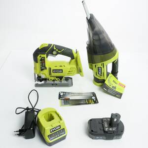 RYOBI, Sticksåg, dammsugare, laddare, låda