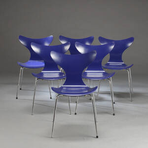 Arne Jacobsen. Sæt på seks stole Liljen model 3108. 6