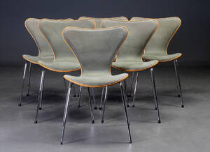 Arne Jacobsen. Seks 7er stole, forsidepolsteret, model 3107 6 