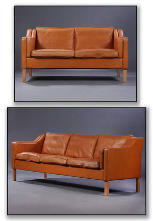 Mogens Hansen. Fritstående tre- samt to-pers. sofa betrukket med naturfarvet læder, model 195-3 og model 195-2. 2