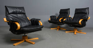 3 lænestole med sort læder, stel af bøg 3