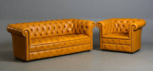 Chesterfieldsofa samt lænestol m. læder 2
