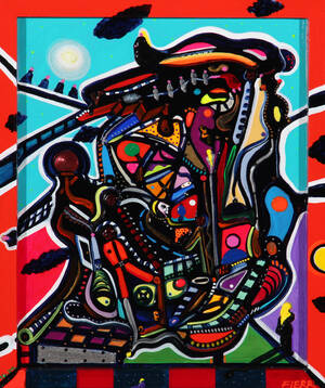 Juan Carlos Fierro. Canary in a Coal Mine, mixed media på plade