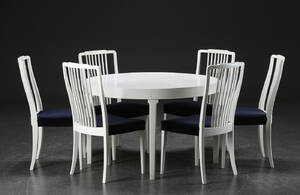 Spisebord med udtræk samt seks stole, bemalet træ 10 