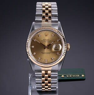 Rolex Datejust. Herreur i 18 kt. guld og stål med brillantskive, ca. 1991  Denne vare er sat til omsalg under nyt varenummer 4256608