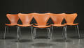 Arne Jacobsen. Seks syverstole model 3107, cognacfarvet læder 6 