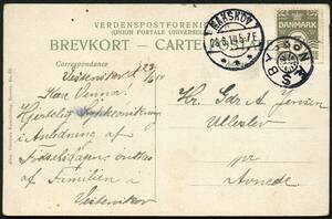 NÆSBY - stjernestempel på lokalt brevkort sendt til ULLERSLEV pr. Avnede. NAKSKOV sidestempel 28.6.1914 