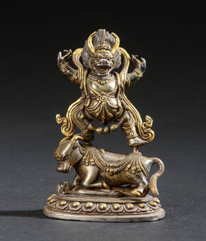 Yama Dharmaraja figur af delvist forgyldt sølv, 1900-tallet