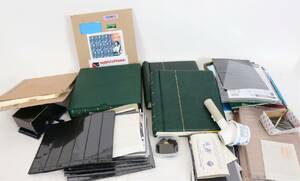 Parti album, plastfickor och tillbehör för frimärkssamling