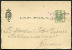 Randers Station Billetkontoret. Violet annullering på 5 Øre, Frederik VIII korrespondancekort front sendt lokalt 13.3.1912.