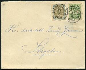 AFA 22B,34B 1896. Tofarvet 3 Øre, blÃ¥grÃ¥ og VÃ¥bentype, 5 Øre, grøn pÃ¥ brev fra HELLEBÆK 27.7.1898 til Slagelse –º