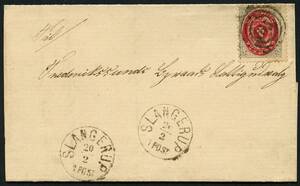 AFA 18 1870. 4 Skilling, grårød på brevomslag fra Slangerup Landsogns Sogneraad til Frederikssund byraads Fattigudvalg. Annulleret num.stpl. 165 og lapidar SLANGERUP 