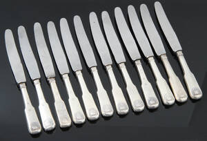 Hansen  Andersen. Sæt Musling frokostknive med skafter af sølv 12