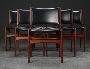 Seks spisestole, teak og sort kunstlæder, 1960erne 6