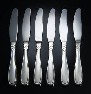 Horsens Sølvvarefabrik. Rex, seks middagsknive med skafter af sølv 6