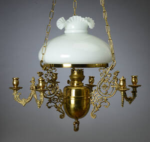Loftlampe, messing og opalglas