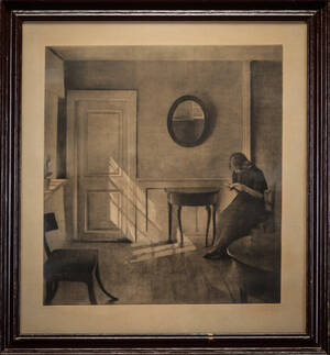 Peter Ilsted. Mezzotinte, interiør med sypige