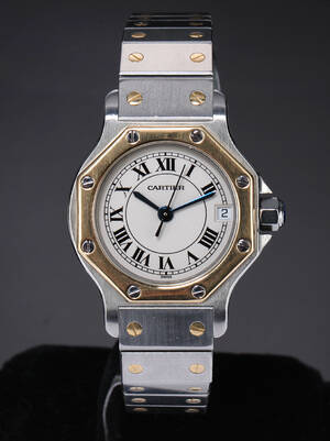 Cartier Santos. Dameur i 18 kt. guld og stål med lys skive, 1990erne