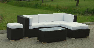 UdestueHavemøbel Loungemøblement, sofa med chaiselounge og sofabord i sort polyrattan 6