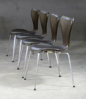 Arne Jacobsen, 4 Stühle, Modell 3107, mit Lederpolsterung, für Fritz Hansen 4