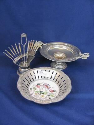 NICKEL, KUVERTSKÅL, KNIVSTÄLL O GENOMBRUTEN SKÅL