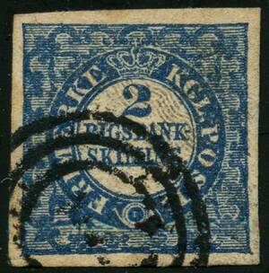 AFA 2b 1852. 2 Rigsbankskilling, Thiele, Plade II, Position 99, Type 9. Annulleret med nummerstempel 1 KØBENHAVN. Attest Lasse Nielsen 2006.